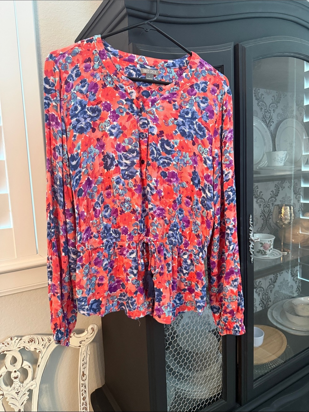 Falls Creek Coral and Purple Floral Button-Front Blouse